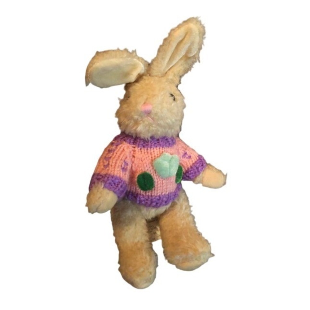 Vintage 1988 Chrisha Playful Plush Bunny‎ Rabbit Tan Pink Purple Sweater 10 inch